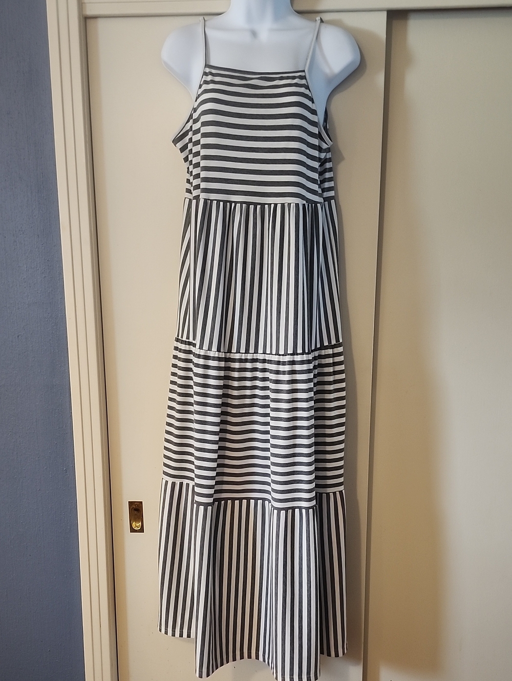 Striped  Gray & White Tiered Knit Maxi Dress
